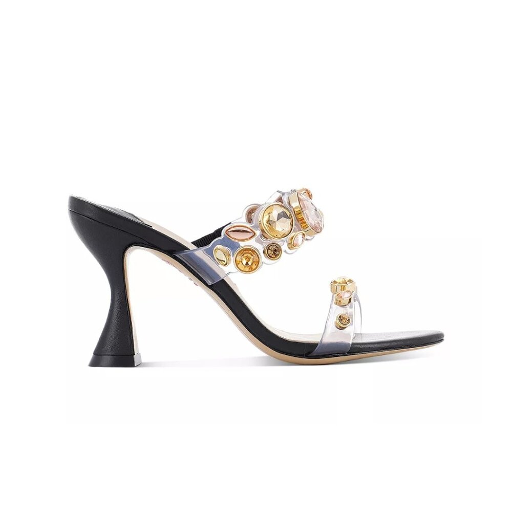 Black Heeled Slide Sandals with Gold Gem Accents